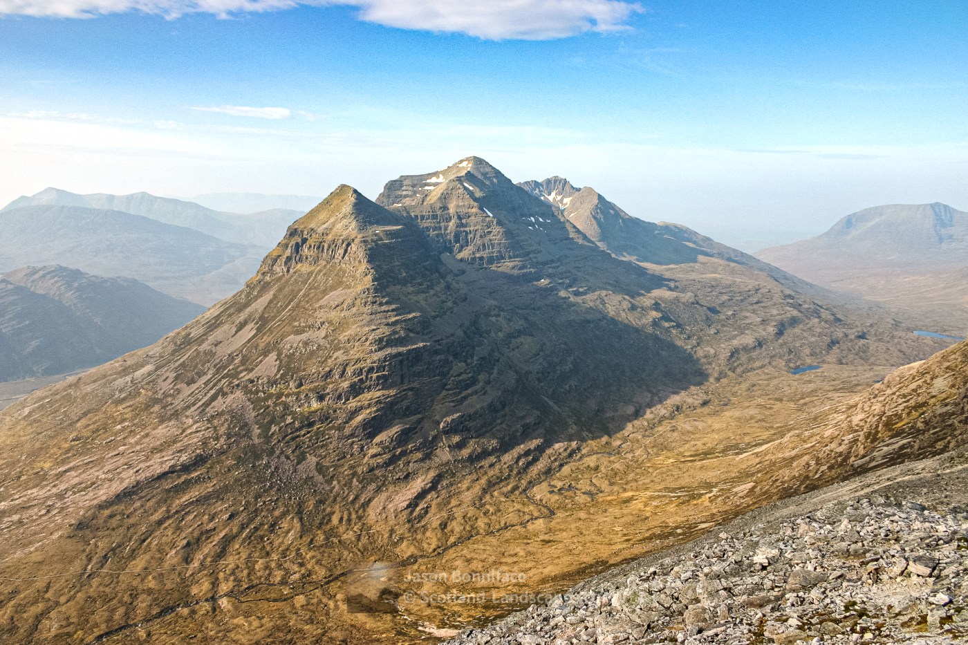 Photo of the mighty Torridon peak of Liathach seen to good effect from the western ridge of Spidean Coire nan Clach, Beinn Eighe