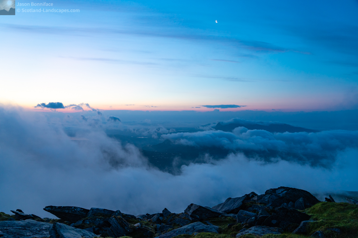 Around the summit of Ben Hope at 4:20 am; waiting for sunrise, checking out the light