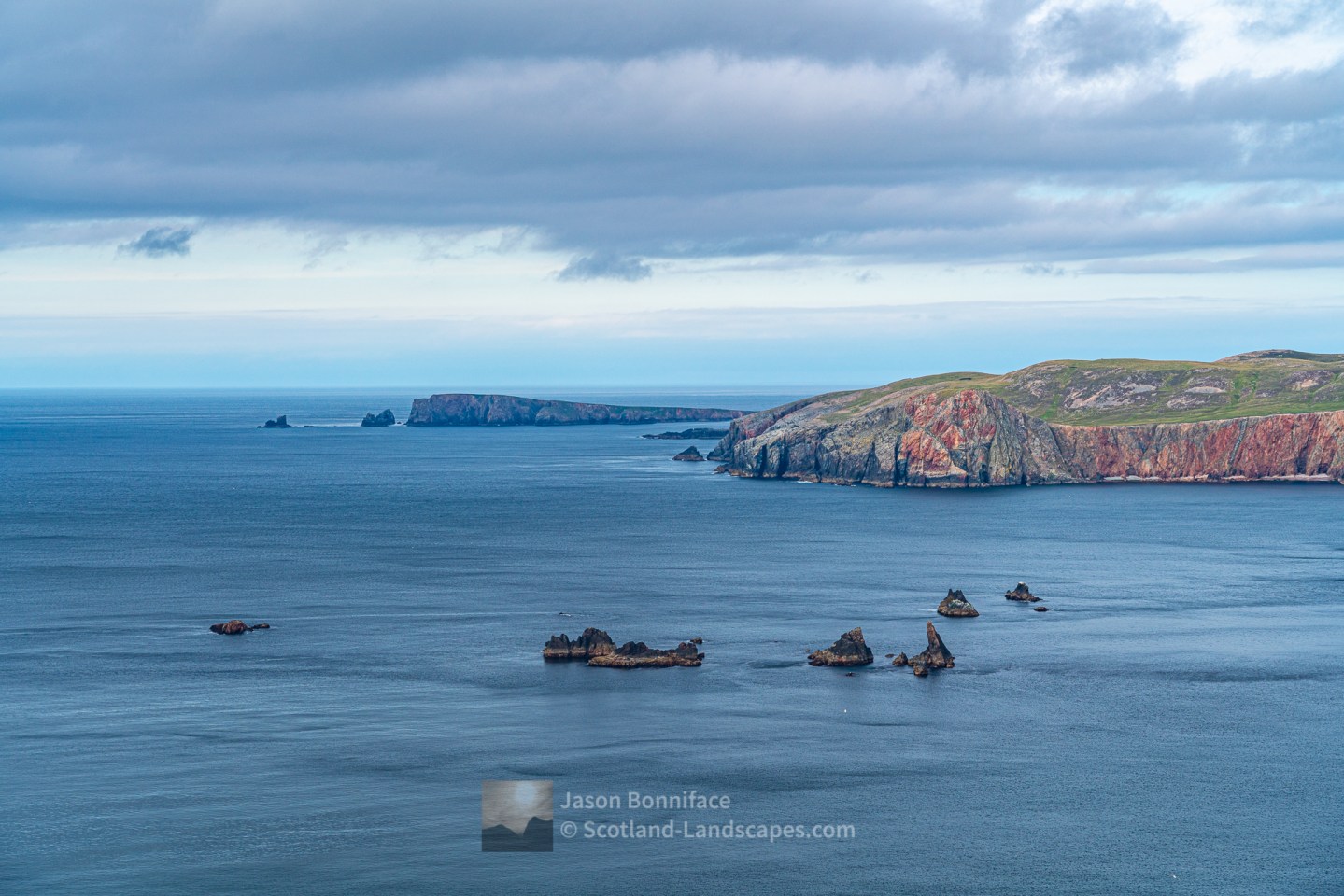 The Munga Skerries Stacks, Hevdadale Head and Uyea from Turls Head, Shetland