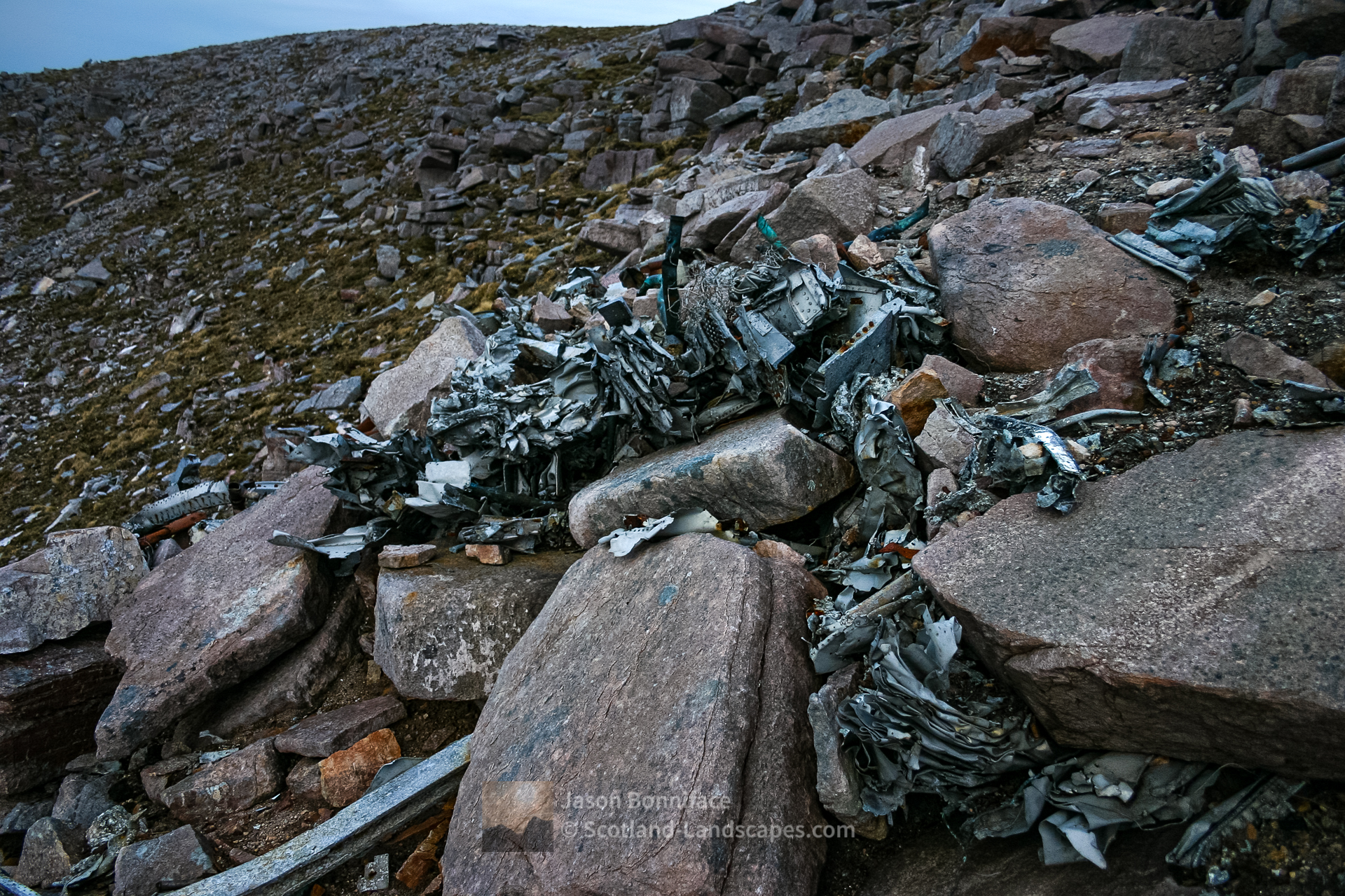 Wreckage from Lancaster TX264 high in the gully at the west end of the Triple Buttress, Torridon & Fisherfield