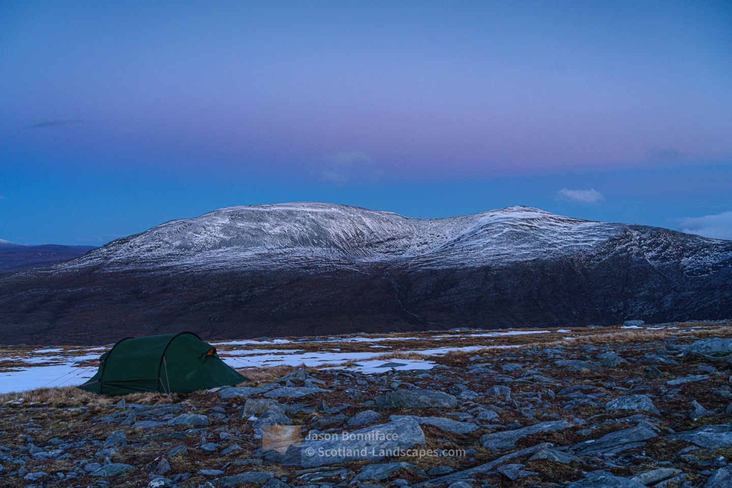 Late evening on a cold camp with Ben Hee behind, Northern Sutherland