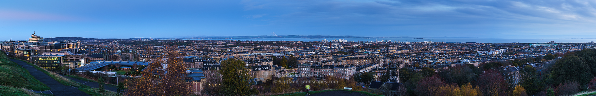 A 180 degree panorama northwards from Calton Hill over the New Town, Granton, Leith and the Firth of Forth, Edinburgh and The Lothians