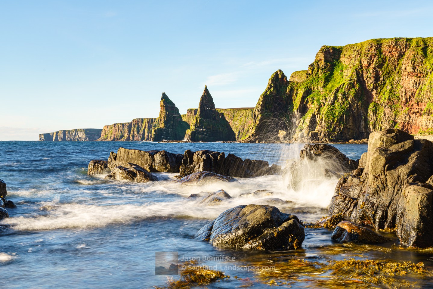 The Duncansby stacks - The Great Stack and Witches' Hat Stack and Thirle Door from the stony beach north of Thirle Door - 3, Caithness