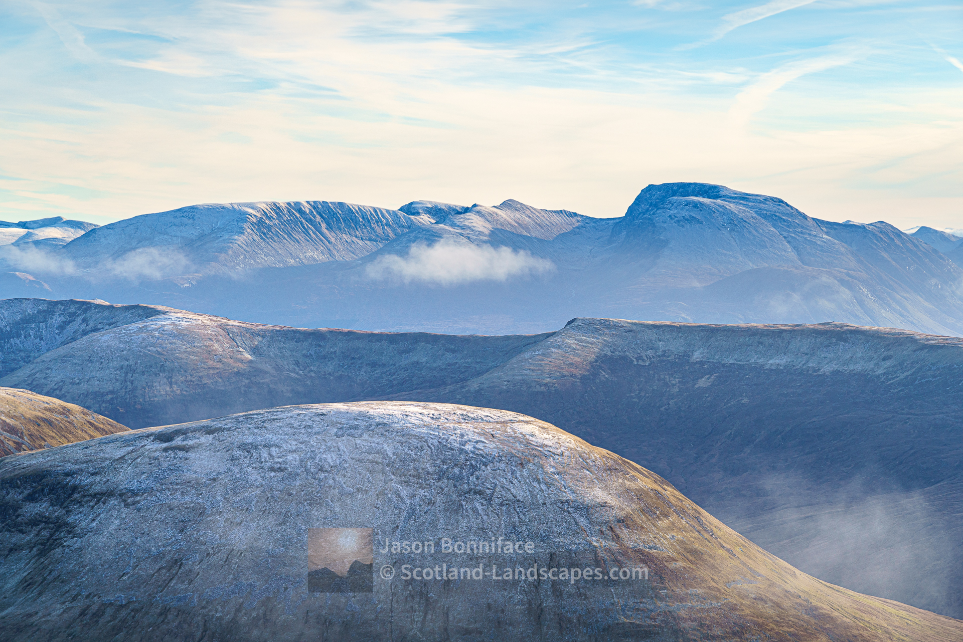 Ben Nevis (right) with Carn Mor Dearg, Aonach Beag and Aonach Mor from Gaor Bheinn (Gulvain), Morar to Morvern
