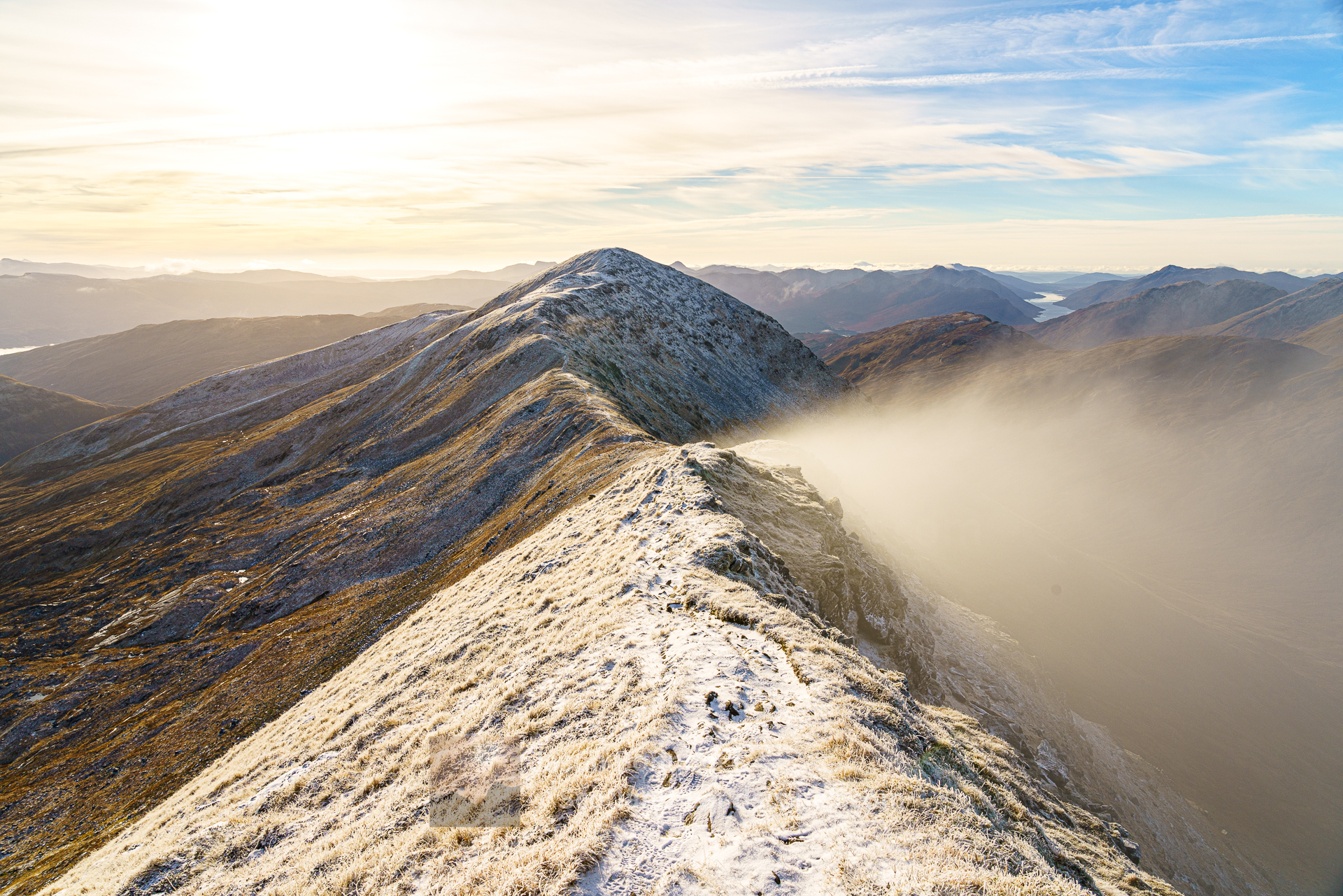 Sun and mist on the south ridge of Gaor Bheinn (Gulvain), Morar to Morvern