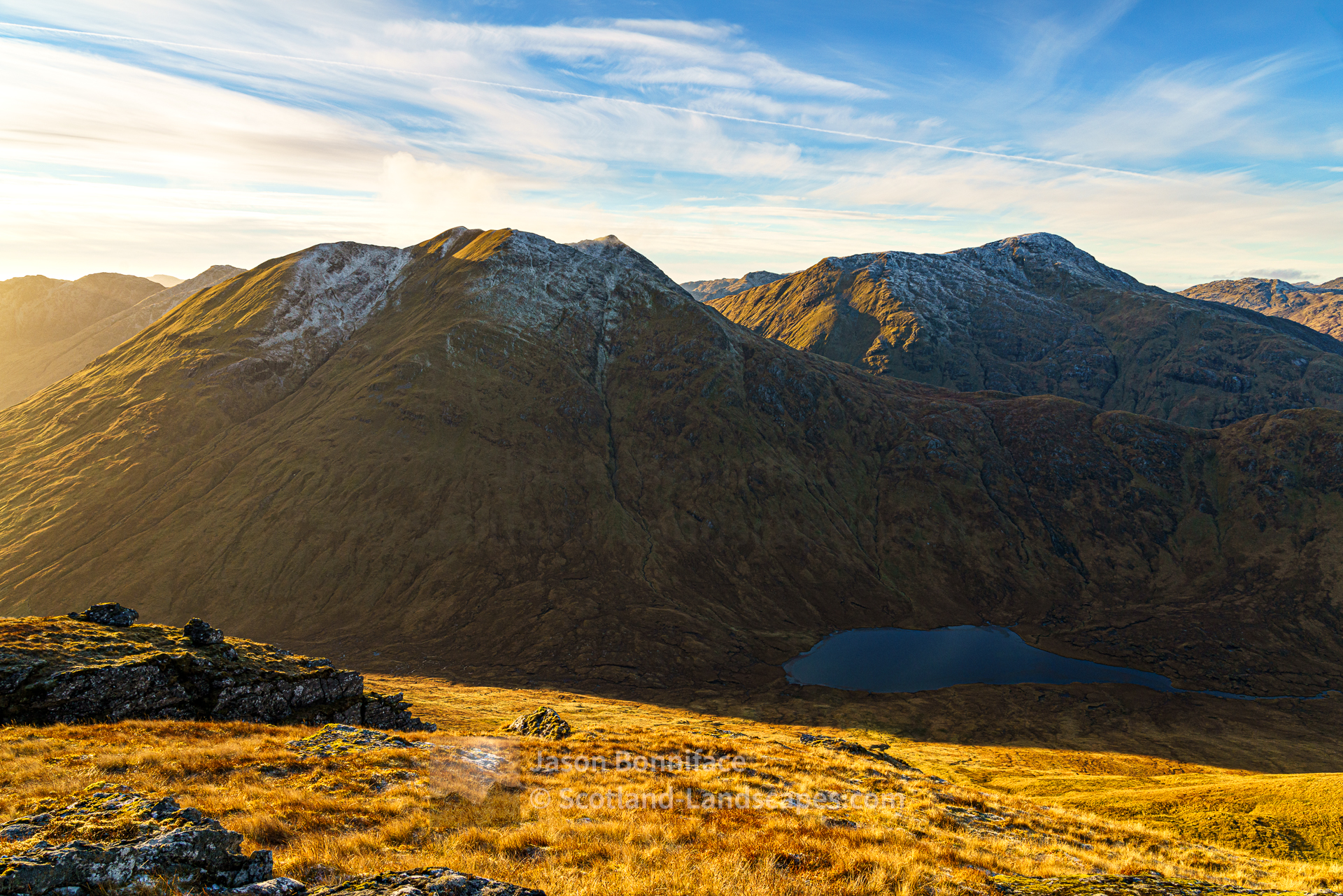 Streap and Sgurr Thuilm in low November afternoon sunlight and frost from the summit of Braigh nan Uamhachan, Morar to Morvern