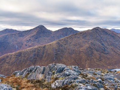 Sgurr Dhomhnuill (Ardgour's highest point at 888m) and Carn na Nathrach from Stob Mhic Bheathain, Fort William and Glencoe