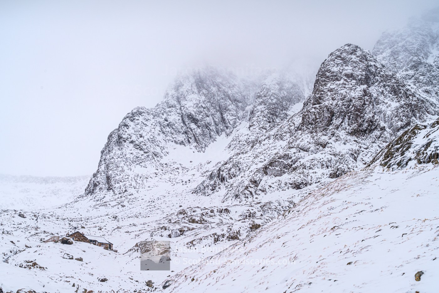 The CIC Hut and lower North Face of Ben Nevis - the North East Buttress, lower Observatory Ridge and Douglas Boulder visible, Fort William and Glencoe