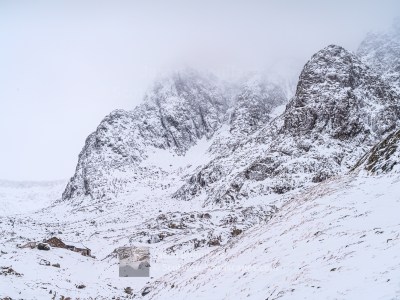 The CIC Hut and lower North Face of Ben Nevis - the North East Buttress, lower Observatory Ridge and Douglas Boulder visible, Fort William and Glencoe